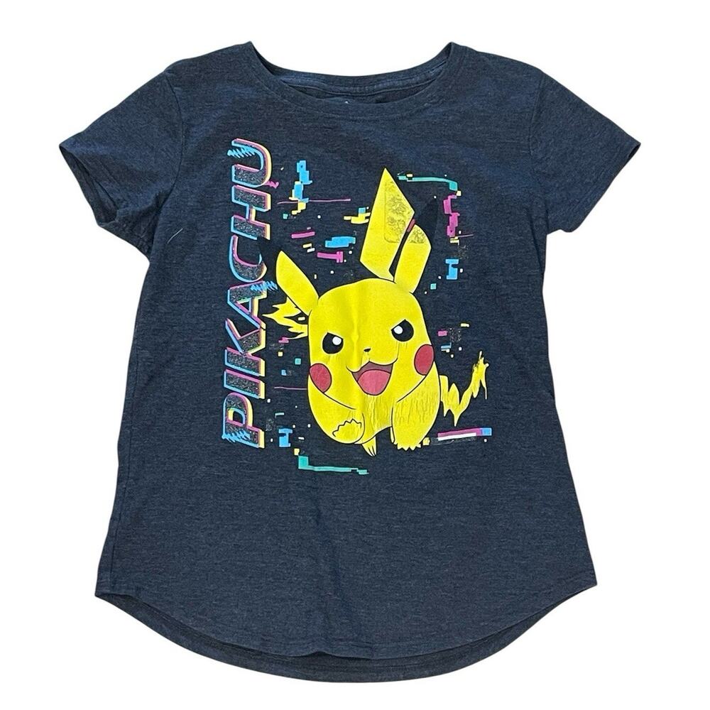 Pokemon Pikachu T Shirt Girls Large 10-12 Anime Graphic Tee Short Sleeve Gray